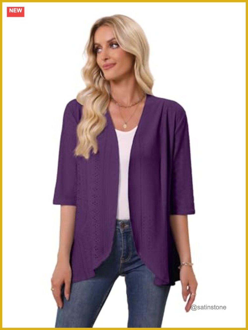 Women's Open Front 3/4 Sleeve Knit Cardigan Lightweight Mesh Crochet Ruffled - Picture 3 of 6